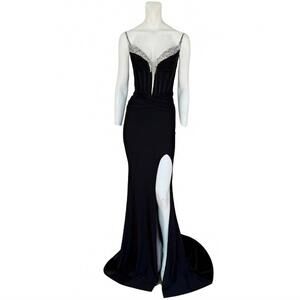 NEW JOVANI women's sweetheart sheath gown with high slit and beaded straps in bl